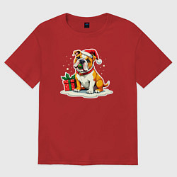 Женская футболка оверсайз Новогодний бульдог с игрушкой