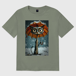 Футболка оверсайз женская Уличный кот под мокром снегом, цвет: авокадо