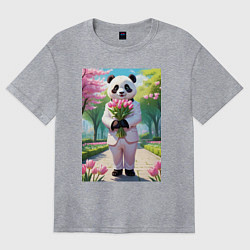 Женская футболка оверсайз Панда с букетом тюльпанов
