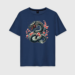 Футболка оверсайз женская Japanese dragon and sakura - irezumi, цвет: тёмно-синий