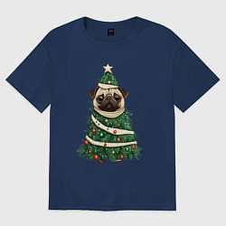 Женская футболка оверсайз Новогодняя елка мопс