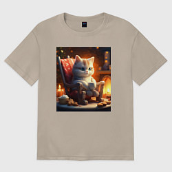 Женская футболка оверсайз Уютный кот у камина с чашкой какао