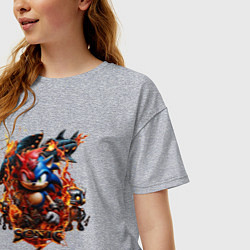 Футболка оверсайз женская Соник и Наклз на фоне огненных роботов, цвет: меланж — фото 2