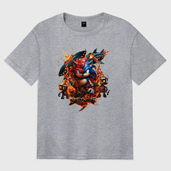 Футболка оверсайз женская Соник и Наклз на фоне огненных роботов, цвет: меланж