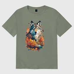 Женская футболка оверсайз Волк и осенний лес