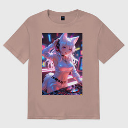 Футболка оверсайз женская Лиса диджей в клубе, цвет: пыльно-розовый