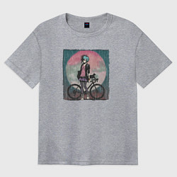 Футболка оверсайз женская Девочка эмо анархистка с велосипедом - дождь и кош, цвет: меланж