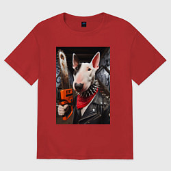 Женская футболка оверсайз Бультерьер с бензопилой - нейроарт