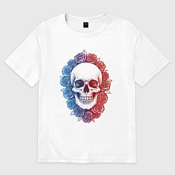 Женская футболка оверсайз Череп и сине-красные розы
