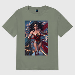 Футболка оверсайз женская Чудо-женщина на крыше с городским фоном, цвет: авокадо