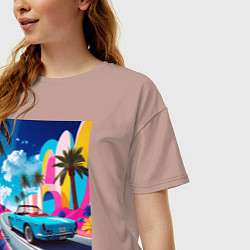 Футболка оверсайз женская Кабриолет едет по тропическому острову, цвет: пыльно-розовый — фото 2