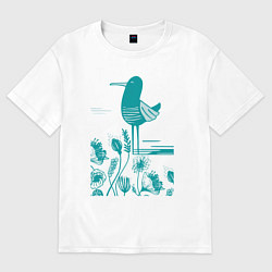 Женская футболка оверсайз Птичка и цветы в голубом