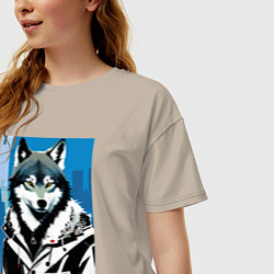 Футболка оверсайз женская Волк в мегаполисе - нейроарт, цвет: миндальный — фото 2