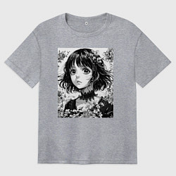 Женская футболка оверсайз Аниме девушка портрет черно-белый