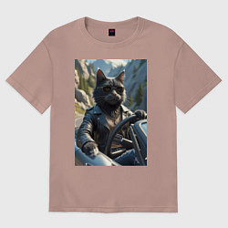 Футболка оверсайз женская Кот за рулем кабролета, цвет: пыльно-розовый