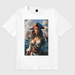Футболка оверсайз женская Пиратка на фона флотилии кораблей, цвет: белый