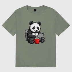 Женская футболка оверсайз Панда с кофе за ноутбуком