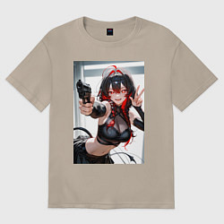 Футболка оверсайз женская Девушка-демон с пистолетом, цвет: миндальный