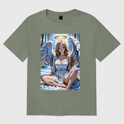 Футболка оверсайз женская Девушка-ангел на снегу в лесу, цвет: авокадо