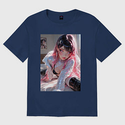 Футболка оверсайз женская Девушка в откровенном наряде на кровати, цвет: тёмно-синий