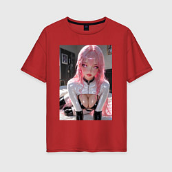 Футболка оверсайз женская Девушка с розовыми волосами в откровенном наряде, цвет: красный