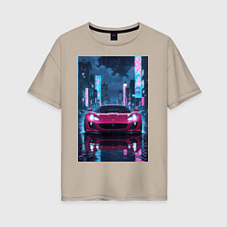 Футболка оверсайз женская Вишневый спорткар по мокрой дороге, цвет: миндальный