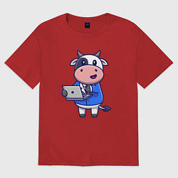 Футболка оверсайз женская Коровка с ноутбуком, цвет: красный