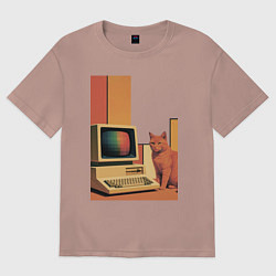 Женская футболка оверсайз Рыжий кот сидит у старого компьютера ретро поп-арт