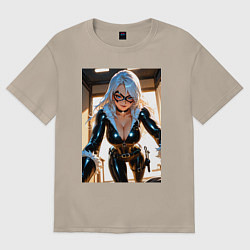 Футболка оверсайз женская Черная кошка в комнате, цвет: миндальный