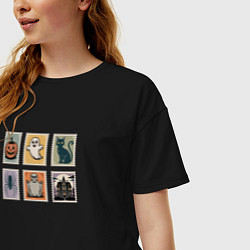Футболка оверсайз женская Символы Хэллоуина тыква привидение и черный кот, цвет: черный — фото 2