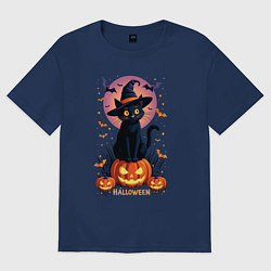 Футболка оверсайз женская Halloween cat sits on pumpkin, цвет: тёмно-синий