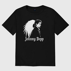 Футболка оверсайз женская Джонни Депп с ангельскими крыльями, цвет: черный