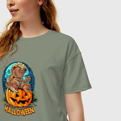 Футболка оверсайз женская Мишка на тыкве, цвет: авокадо — фото 2