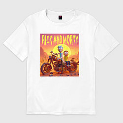 Футболка оверсайз женская Рик и Морти на ржавом ретро мотоцикле в пустыне, цвет: белый