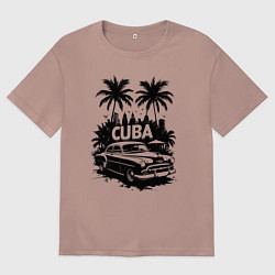 Женская футболка оверсайз Ретро-Куба пальмы и автомобиль