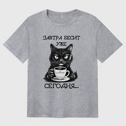 Футболка оверсайз женская Завтра бесит уже сегодня - недовольный кот на рабо, цвет: меланж