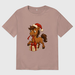 Женская футболка оверсайз Лошадка распаковывает подарок