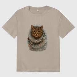 Футболка оверсайз женская Новогодний котик ждет Новый год, цвет: миндальный