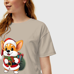 Футболка оверсайз женская Дед мороз корги с мешочком подарков, цвет: миндальный — фото 2