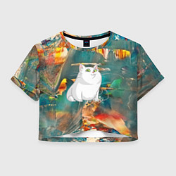 Футболка 3D укороченная женская Белый котик, цвет: 3D-принт