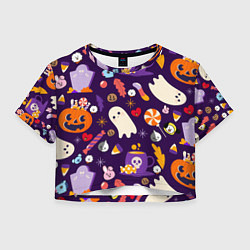 Футболка 3D укороченная женская HALLOWEEN BTS BT21 PATTERN БТ21 БТС ХЕЛЛОУИН, цвет: 3D-принт