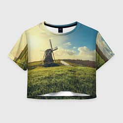 Футболка 3D укороченная женская Мельница в поле, цвет: 3D-принт