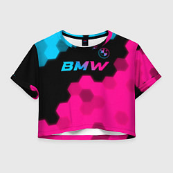 Футболка 3D укороченная женская BMW - neon gradient: символ сверху, цвет: 3D-принт