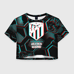 Футболка 3D укороченная женская Atletico Madrid FC в стиле glitch на темном фоне, цвет: 3D-принт
