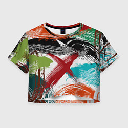 Футболка 3D укороченная женская Мазки кистью по холсту цветной краской abstraction, цвет: 3D-принт
