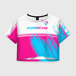 Футболка 3D укороченная женская Porsche neon gradient style: символ сверху, цвет: 3D-принт