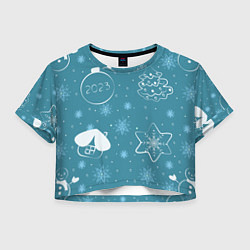 Футболка 3D укороченная женская Новогодние снежинки на голубом фоне, цвет: 3D-принт