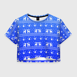 Футболка 3D укороченная женская Синий орнамент с оленями, цвет: 3D-принт