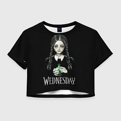 Футболка 3D укороченная женская Уэнсдэй на чёрном фоне, цвет: 3D-принт
