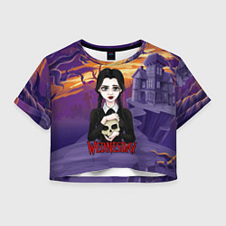 Футболка 3D укороченная женская Уэнсдэй с черепом в руках, цвет: 3D-принт